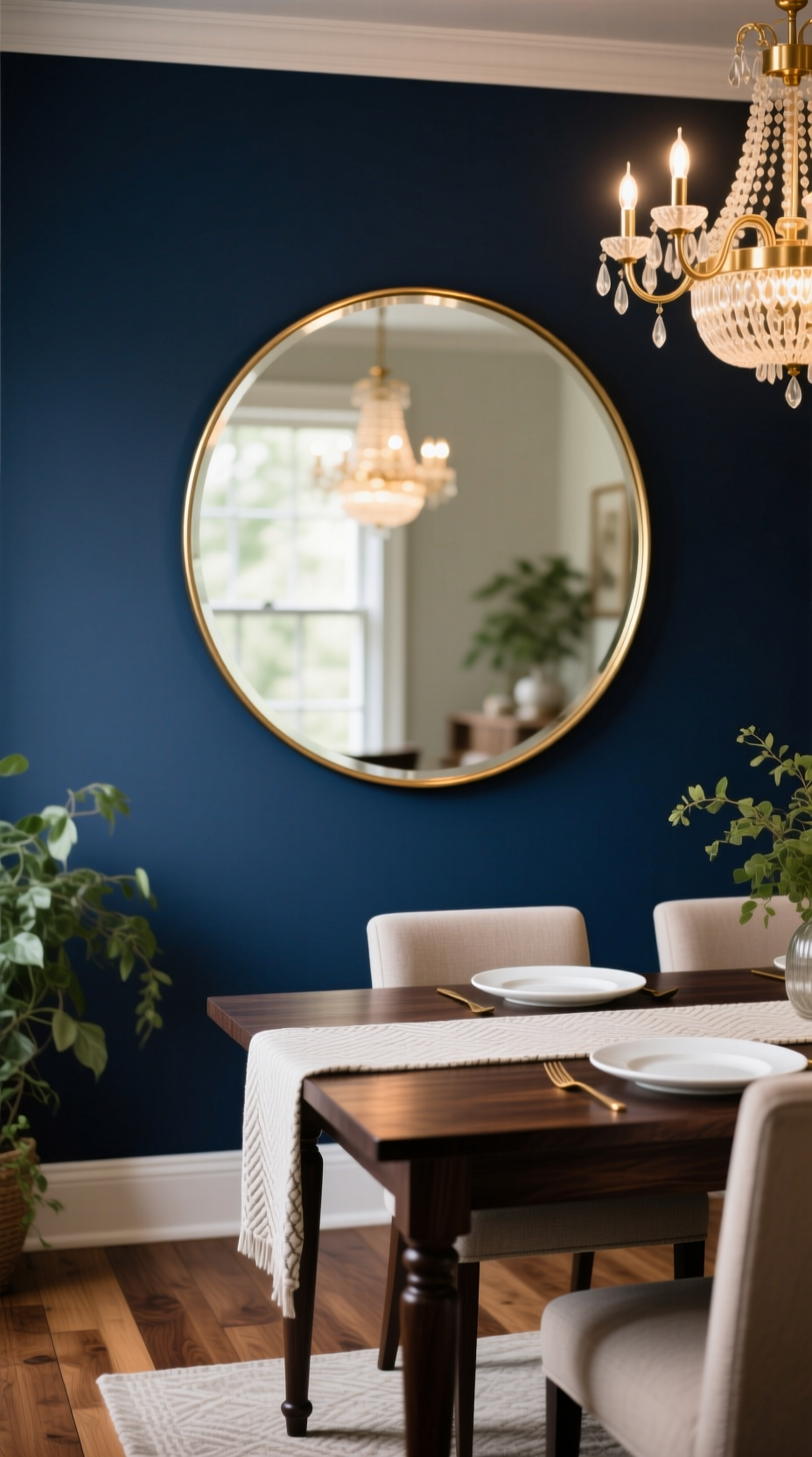 Kitchen Wall Decor That Looks Perfect Above Your Table 5 Large round mirror with a thin brass frame on a deep navy blue accent wall above a dark wood dining table.