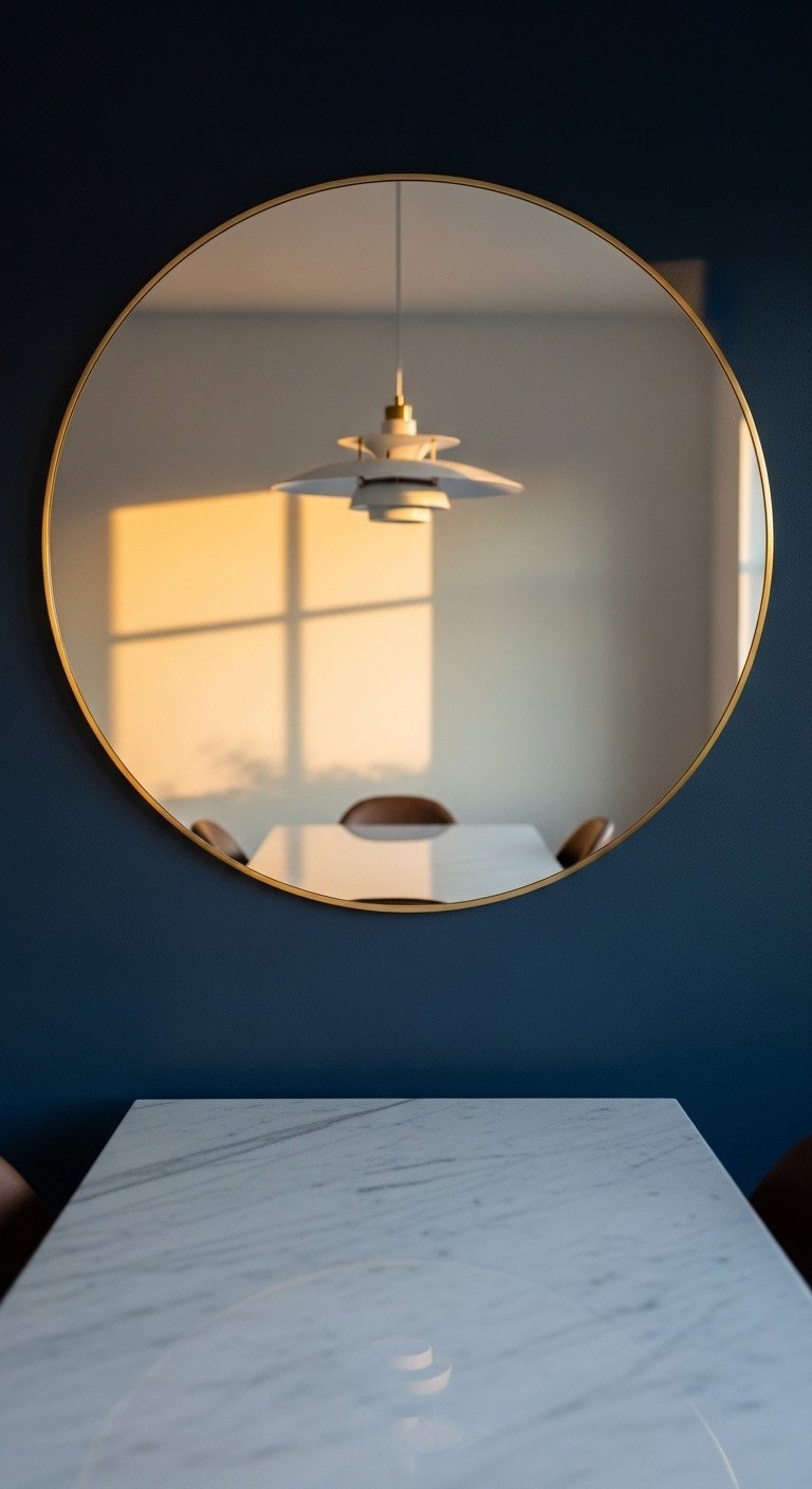 Large round mirror with a thin brass frame on a navy blue accent wall, reflecting a pendant light over a marble dining table.