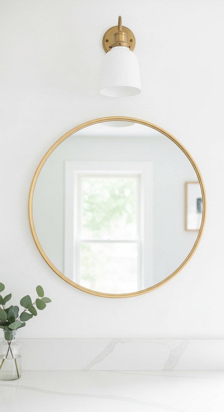 Large round mirror with a thin brass frame on a white kitchen wall, reflecting a bright window with green leaves for a modern look.