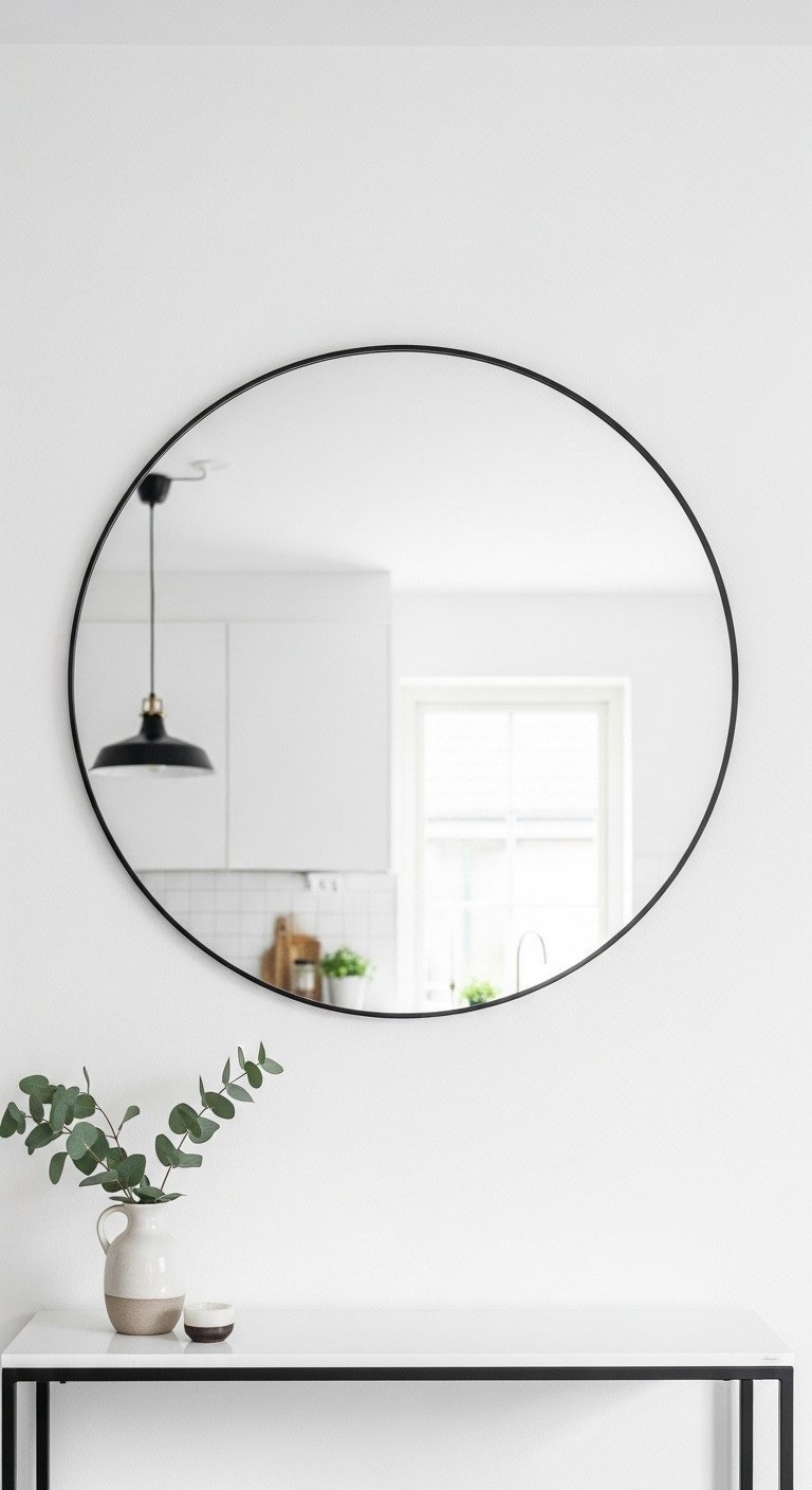 Large round wall mirror with a thin black metal frame on a white wall in a bright Scandinavian-style kitchen entryway.