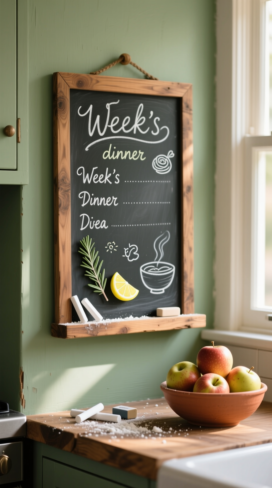 Large rustic framed chalkboard on a sage green wall showing the week's dinner menu written in chalk calligraphy.