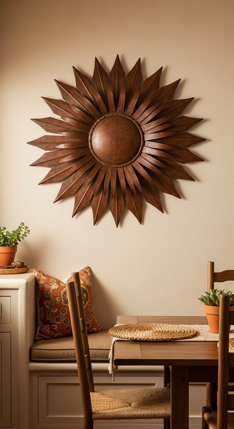 Large, rustic metal sunburst wall art with an aged patina finish on a beige wall in a cozy Southwestern kitchen nook.