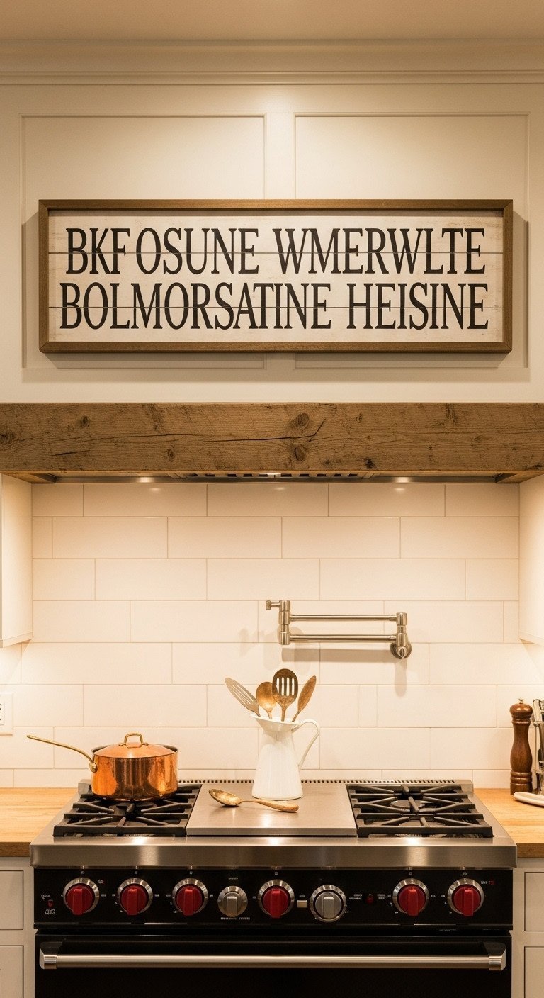 Large rustic wood sign with painted lettering hanging on a cream shiplap wall above a stove in a farmhouse kitchen.