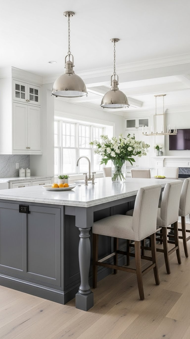 Large traditional kitchen island, a focal point and divider, with elegant stone countertop and classic base cabinetry, blending spaces.
