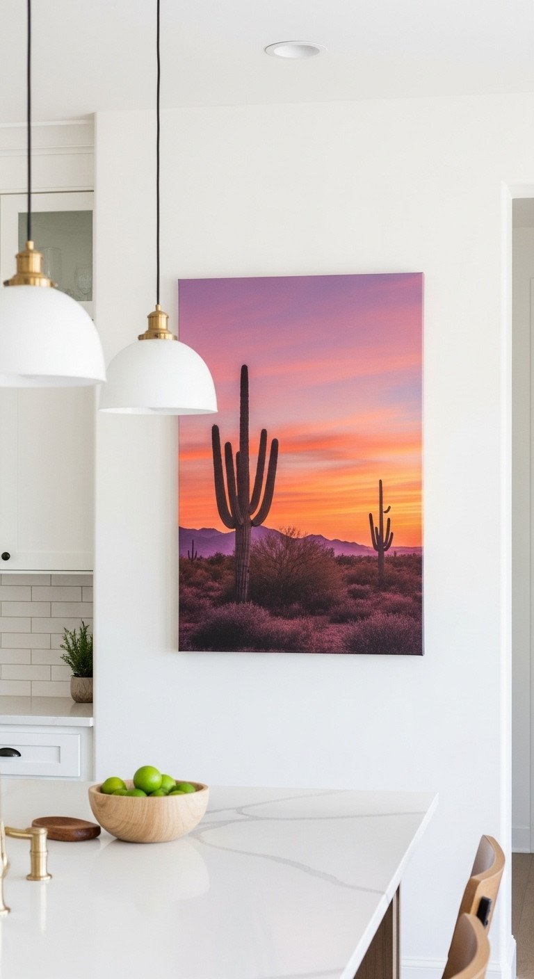 Large unframed canvas print of a minimalist desert sunset with a saguaro cactus, hanging on a white Southwestern kitchen wall.