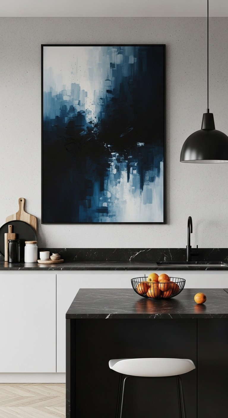 Large unframed moody abstract art in blue and black on a gray concrete wall above a sleek black modern kitchen countertop.