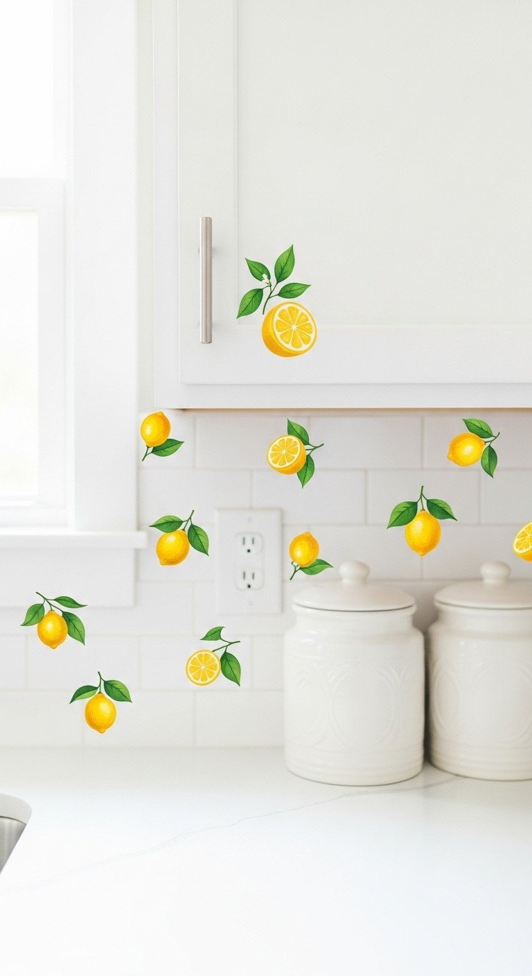 Large vertical abstract art with blue, white, and gold leaf details in a black frame, creating a focal point in a white galley kitchen.