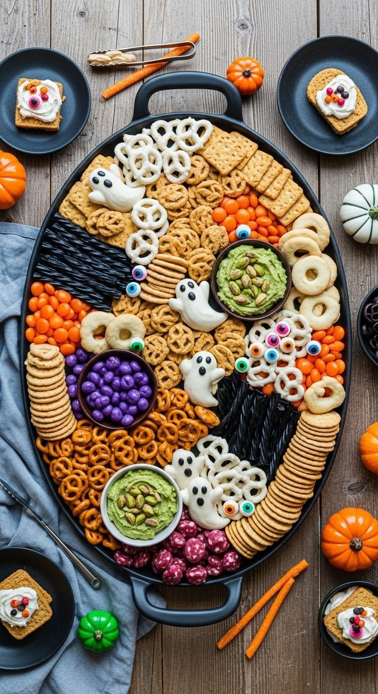 Lavish Halloween charcuterie board with candies, ghost pretzels, finger cookies, themed dips on a black platter.