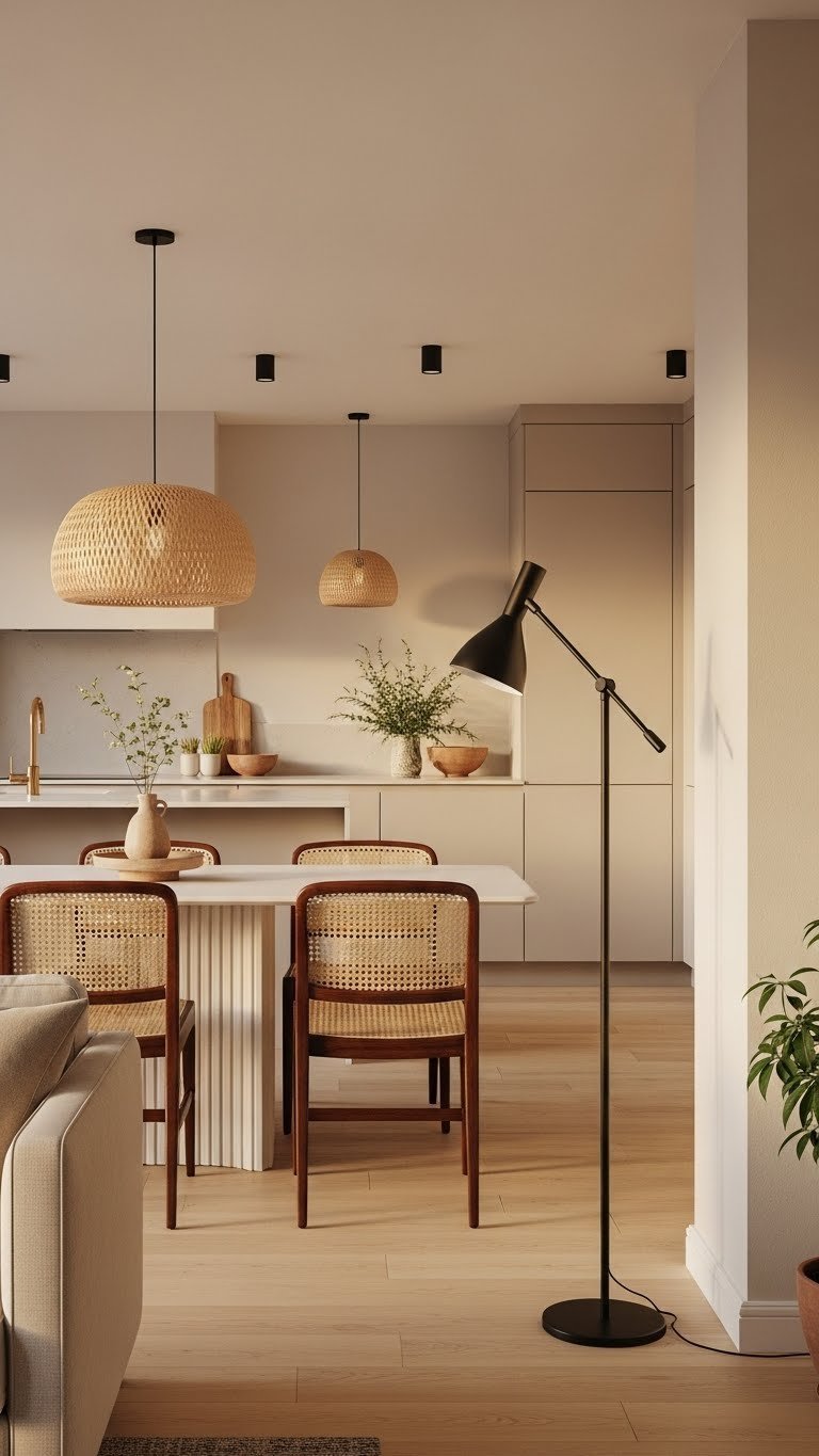 Layered Scandi lighting: floor lamp, woven pendant, recessed lights illuminating dining area, creating a comfortable, warm living space.