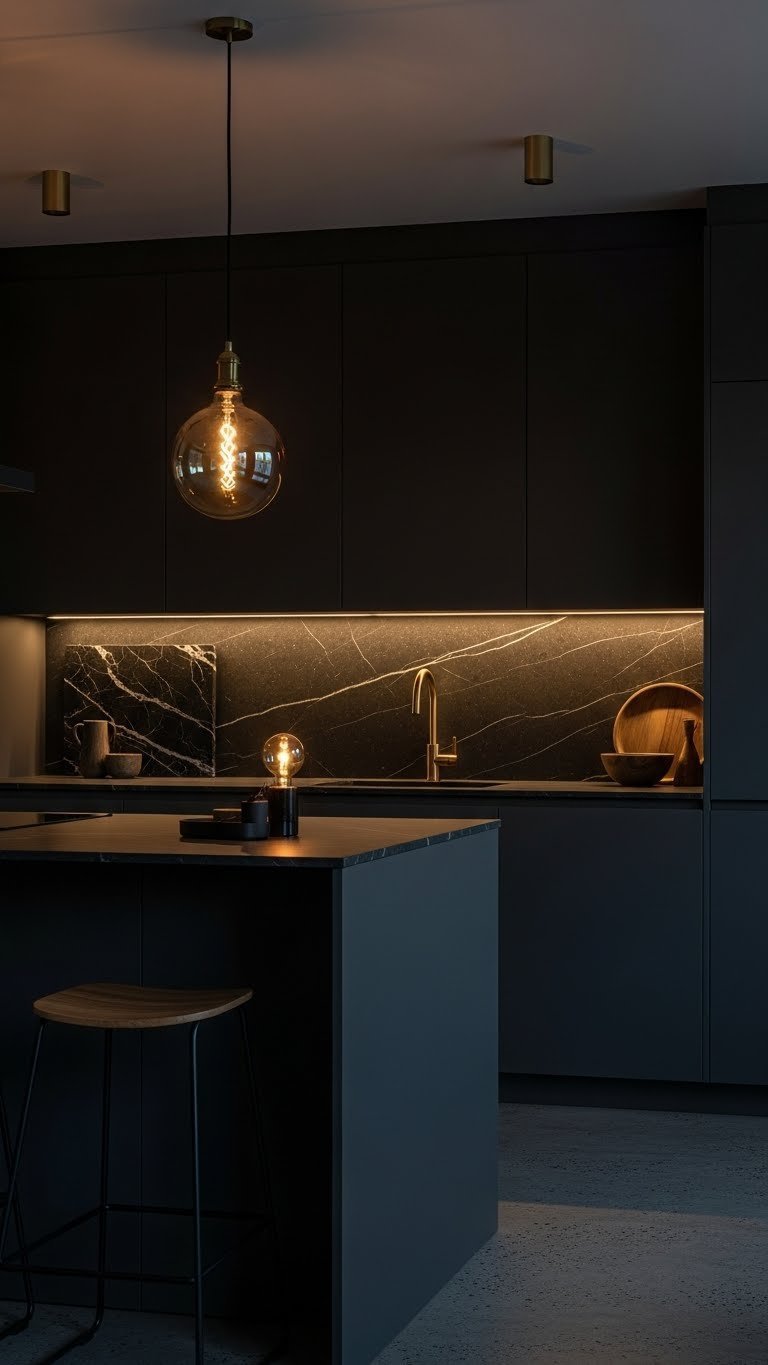 Layered kitchen lighting: warm pendant, under-cabinet strips, and ceiling lights creating a cozy, dark kitchen ambiance.