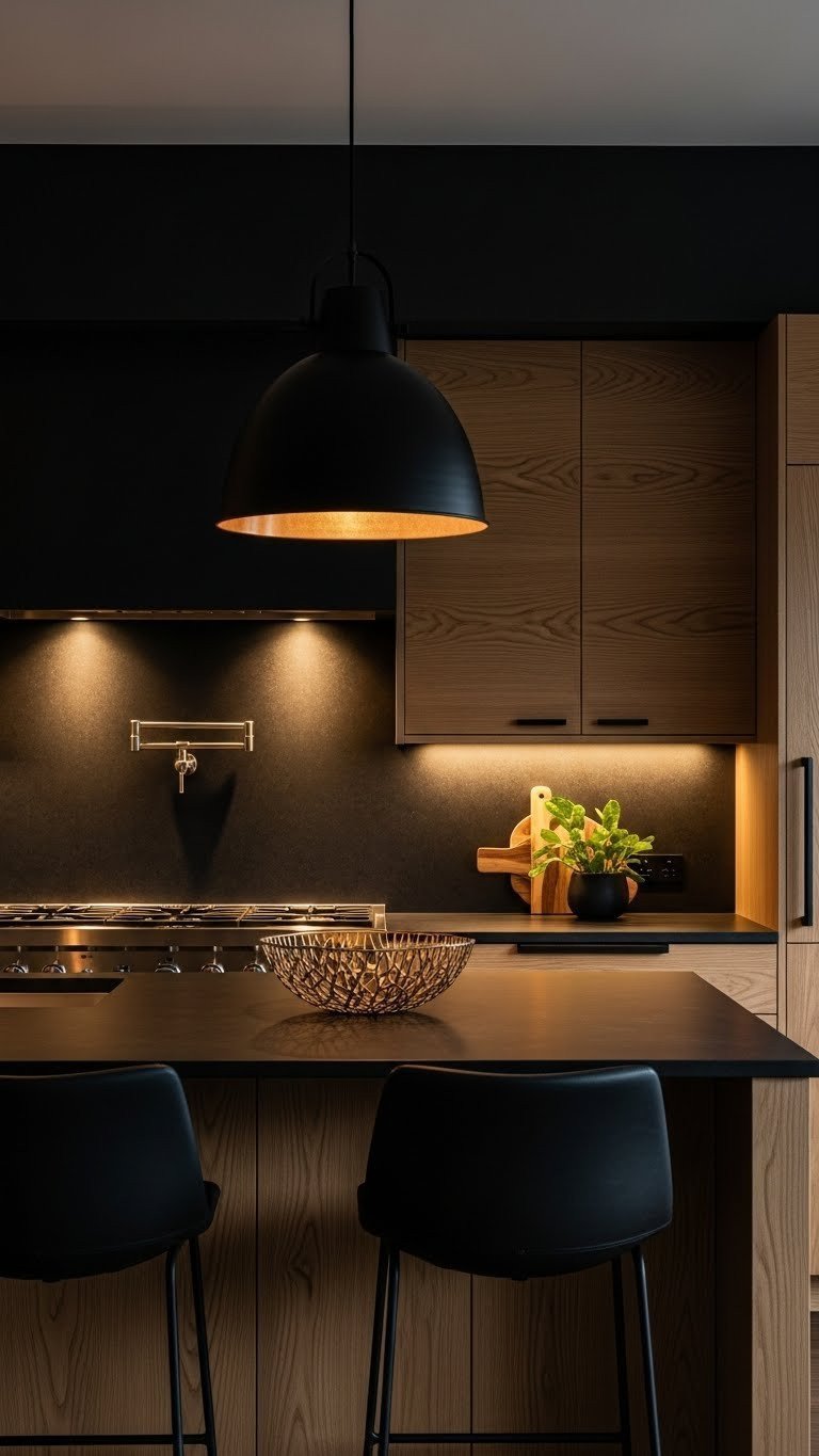 Layered kitchen lighting with dark oak cabinets, textured backsplash, black pendant light. Moody, luxurious kitchen ambiance.