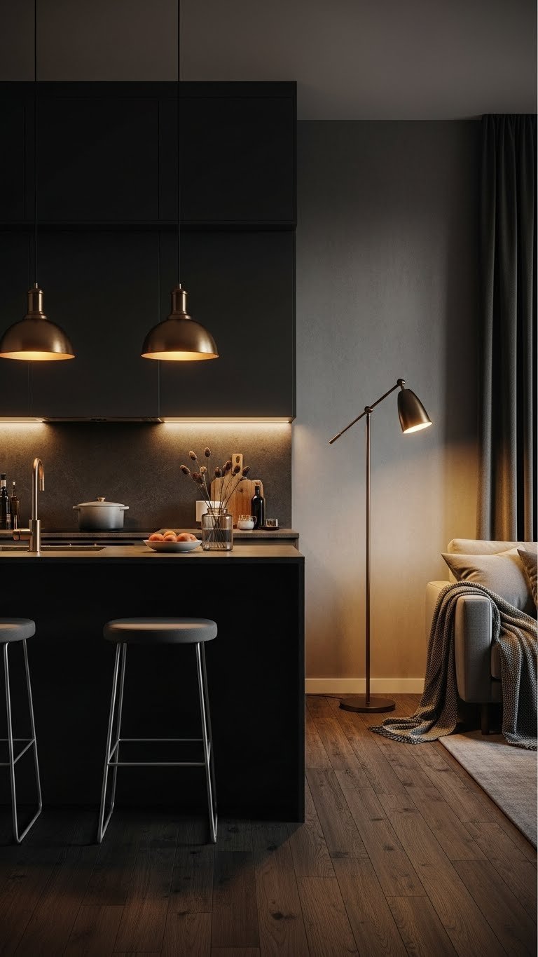 Layered kitchen & living room lighting: warm pendant lights over counter, soft floor lamp defines elegant reading nook.