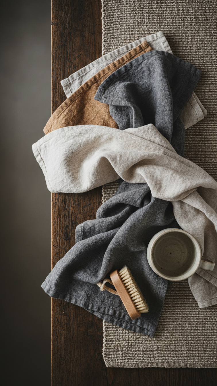 Layered kitchen textiles in muted tones (charcoal, cream) with organic textures on a dark wooden surface in a Japandi kitchen.