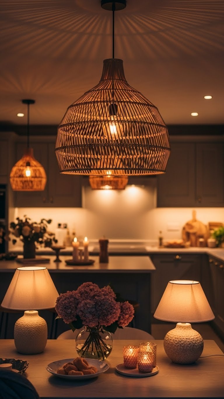 Layered lighting in open kitchen living. Rattan pendant, warm LED strips, table lamps, candles. Cozy golden hour atmosphere.