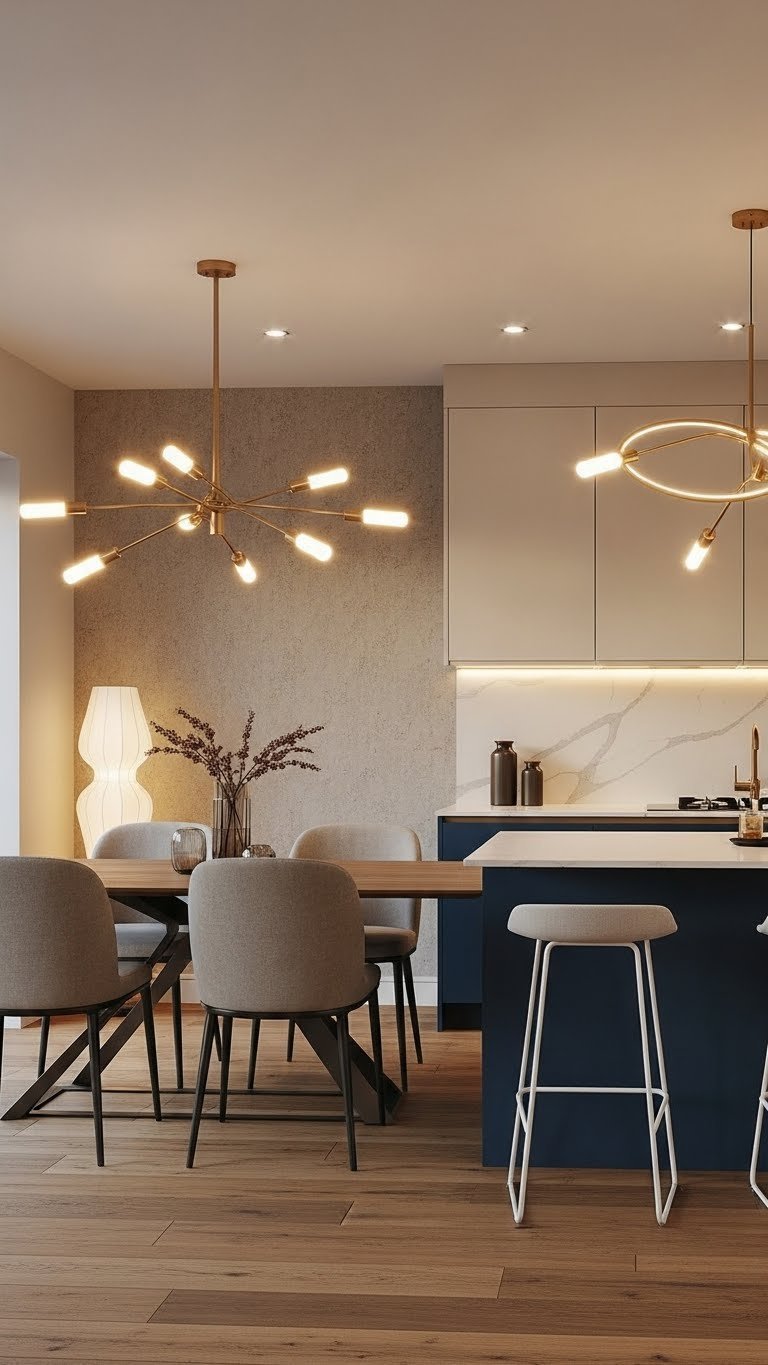 Layered lighting: modern chandelier, recessed, and under-cabinet lights unifies open concept living with warm wood floors. Cozy ambiance.