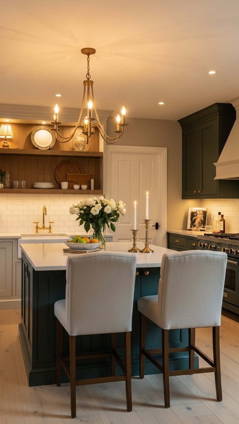 Layered lighting strategy: grand traditional chandelier and antique brass task lighting create a warm, inviting kitchen ambiance.