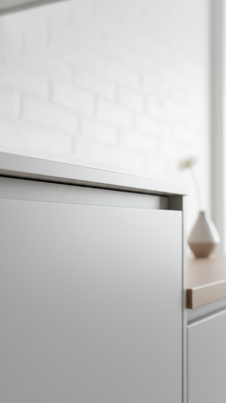 Modern Handleless Kitchen Design: 11 Ideas For Seamless Style 2 Light gray J-pull handleless kitchen cabinets, showcasing the integrated concave groove and smooth matte finish. Modern design.