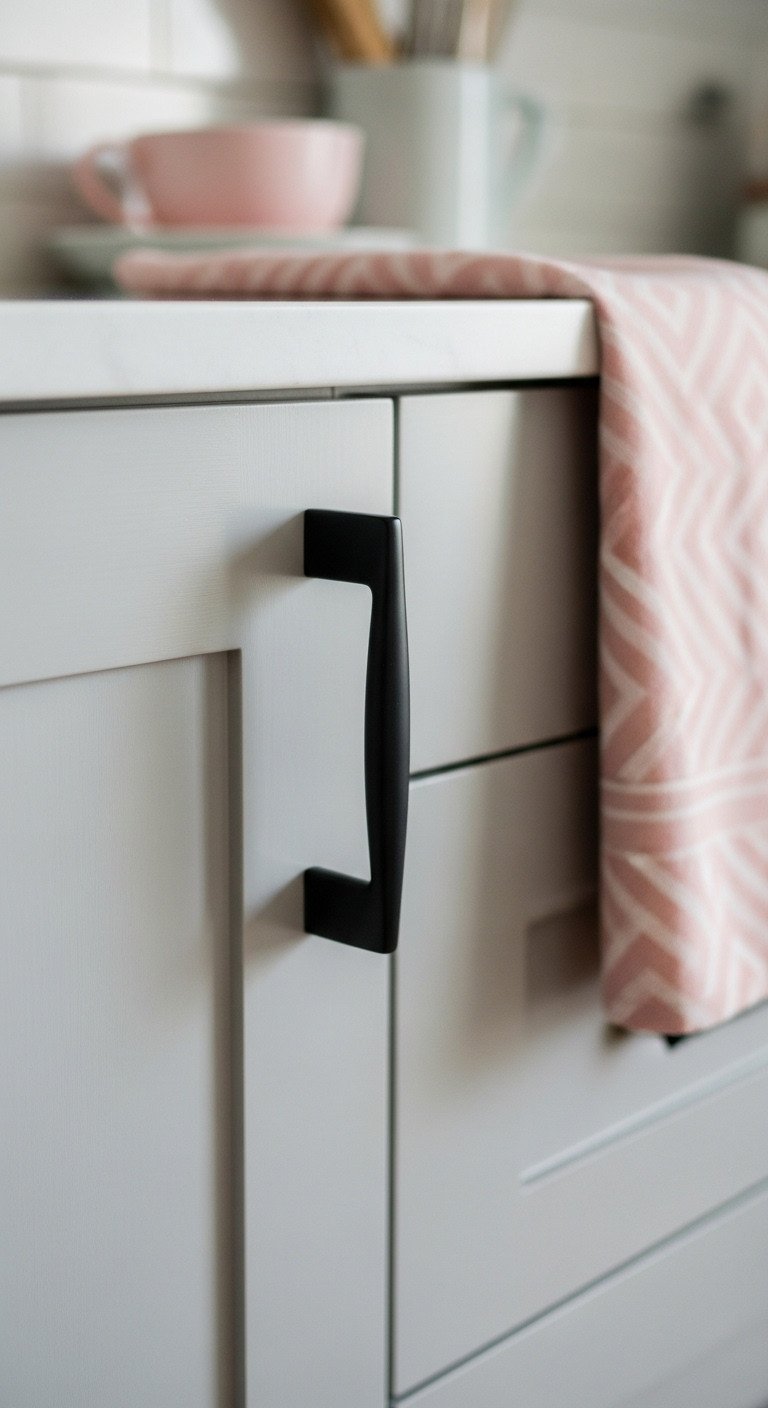 9 Non Modular Kitchen Organization And Decor Secrets 3 Light gray kitchen cabinet door with new elegant matte black pull handle, contrasting texture, marble countertop, modern kitchen upgrade.