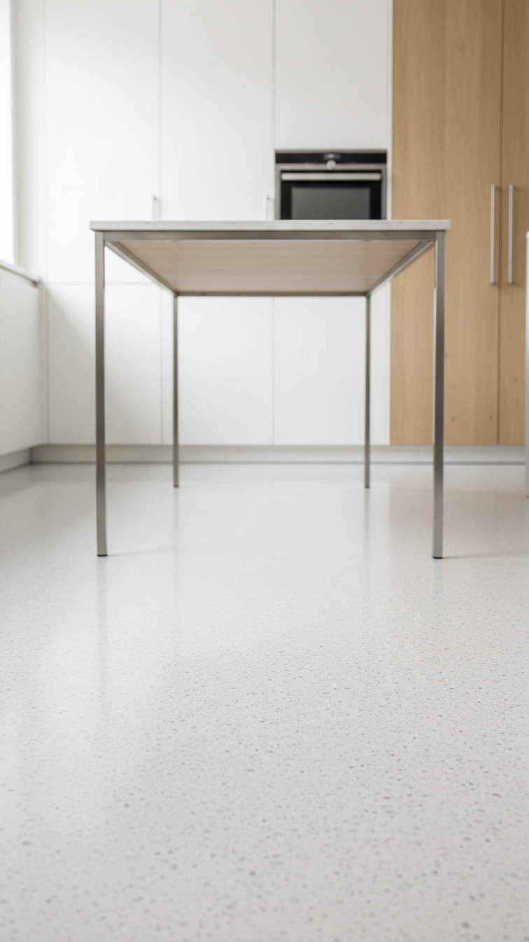 Light gray monochromatic terrazzo kitchen floor with subtle aggregate, clean minimalist island, bright daylight for modern interior design.