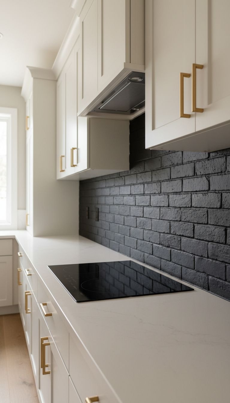 11 Brick Backsplash Ideas And The Essential Sealing Guide 21 Light gray thin brick backsplash with dark charcoal recessed grout, complemented by dark marble counters and white shaker cabinets.