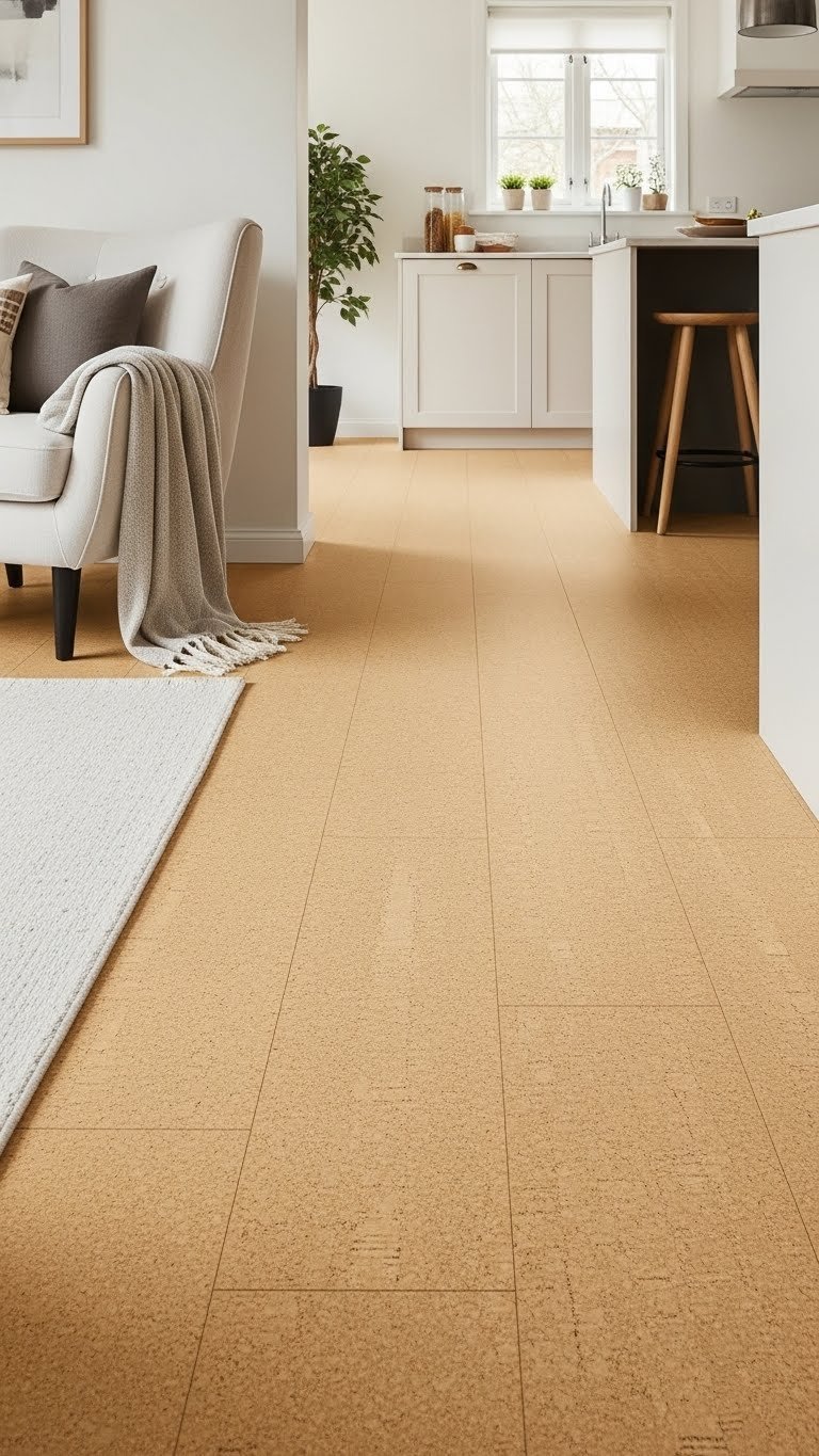 Light, naturally textured cork flooring flows continuously from seating area to modern kitchen, warm and inviting open space.