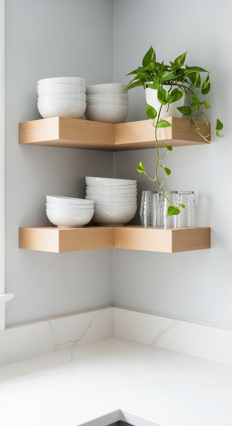 9 Brilliant Kitchen Corner Ideas Beyond The Countertop 5 Light oak floating corner shelves styled with white ceramic bowls and a pothos plant in a minimalist kitchen.