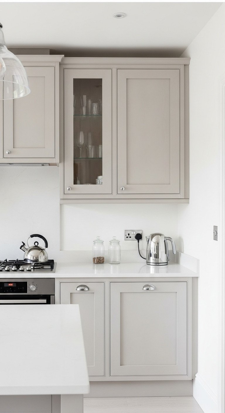 Light taupe Shaker kitchen cabinets extending to ceiling with glass doors, chrome accents, and white countertop. Airy small kitchen.