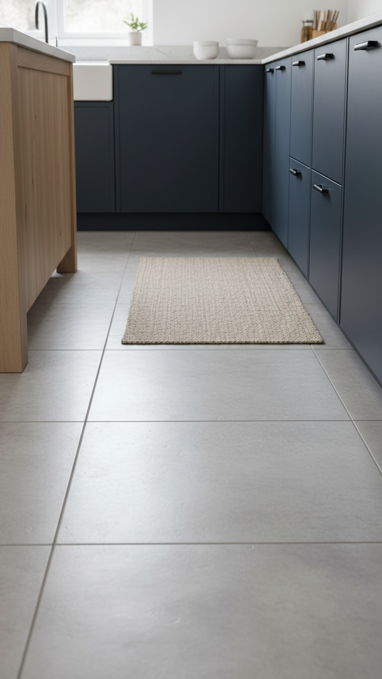 Light textured grey tile kitchen floor meeting deep blue-gray cabinets, with a subtle woven rug.