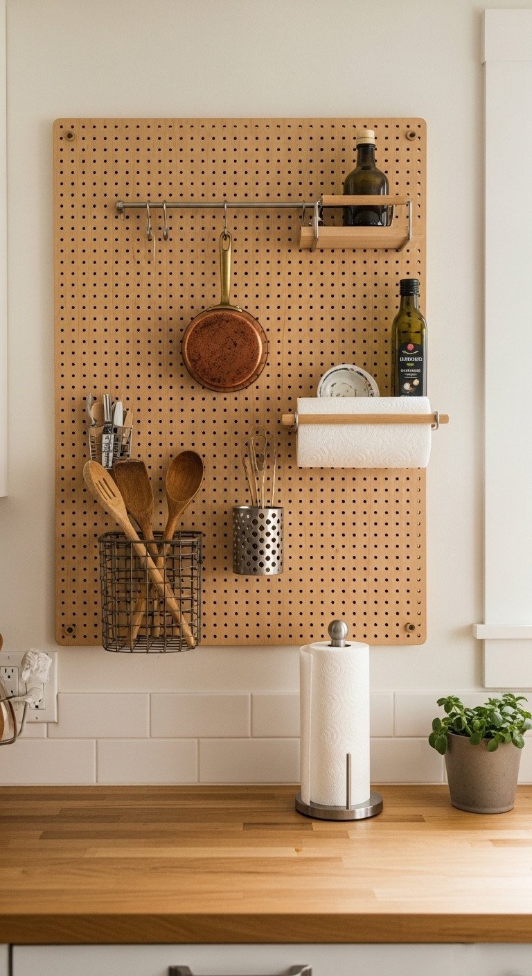Light wood kitchen pegboard organizer with a copper pan, wire basket of spoons, paper towels, and a small shelf with olive oil.
