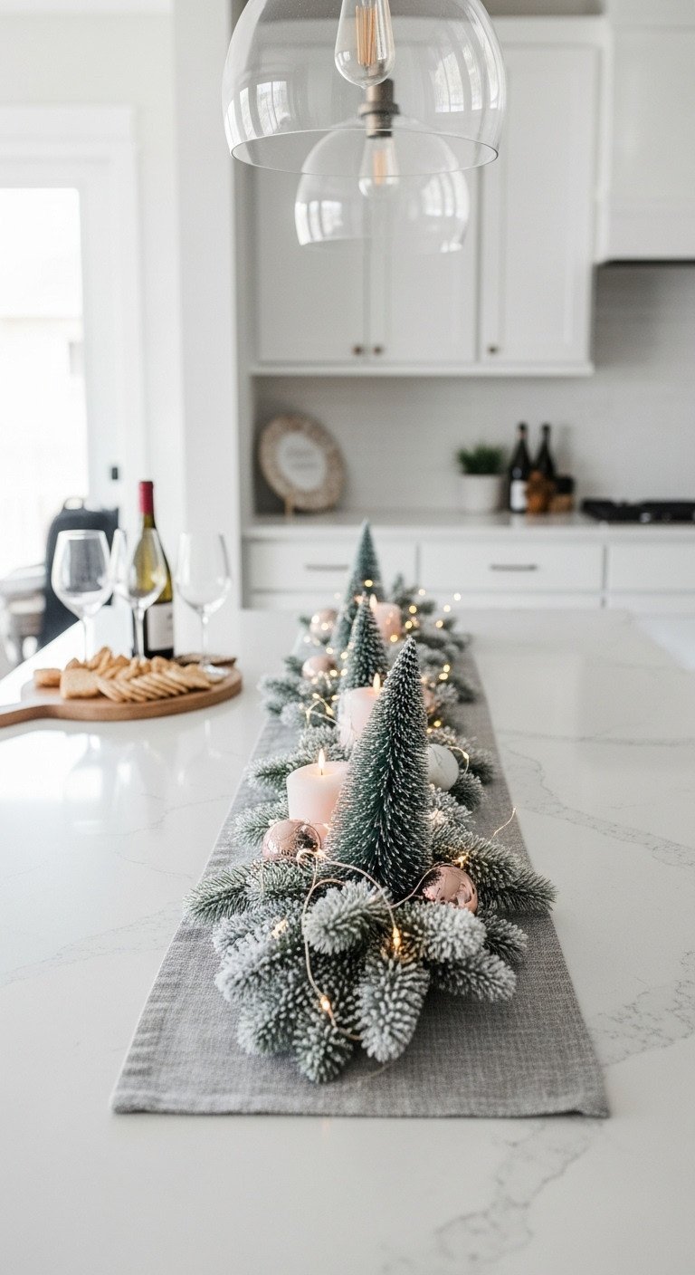 Linear Christmas centerpiece with faux snow, fairy lights, frosted pine trees on sleek quartz island, elegant holiday decor.