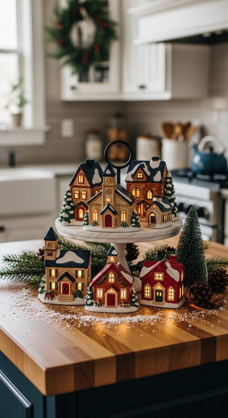 90S Christmas Kitchen Decor Avoid Tacky Maximize Nostalgia 7 Lit ceramic Christmas village on a tiered tray with faux snow, pinecones on a butcher block in a cozy 90s kitchen.