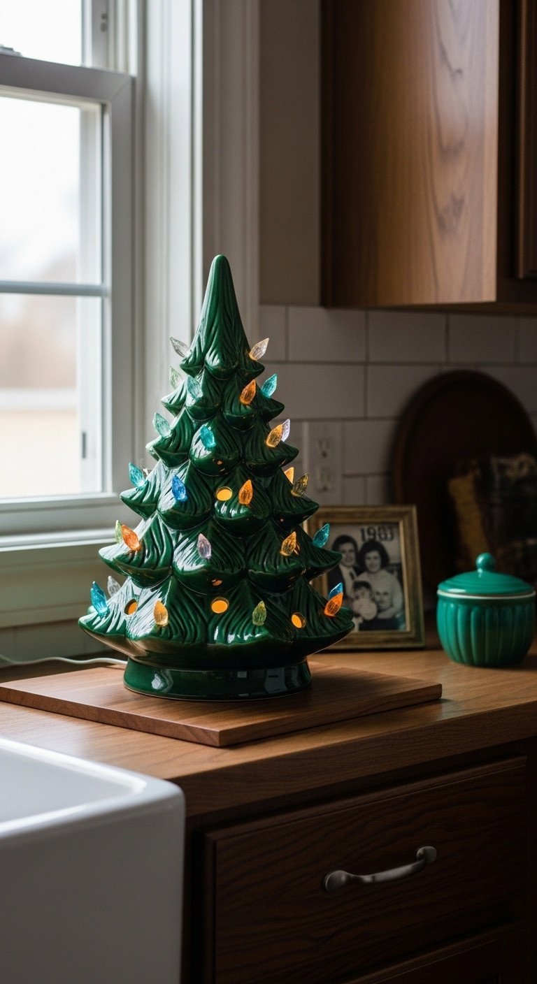 11 Ultimate Nostalgic Christmas Kitchen Decor Ideas 11 Lit deep green ceramic Christmas tree with multi-colored lights, 1960s family photo, and candy dish on a dark kitchen cabinet.