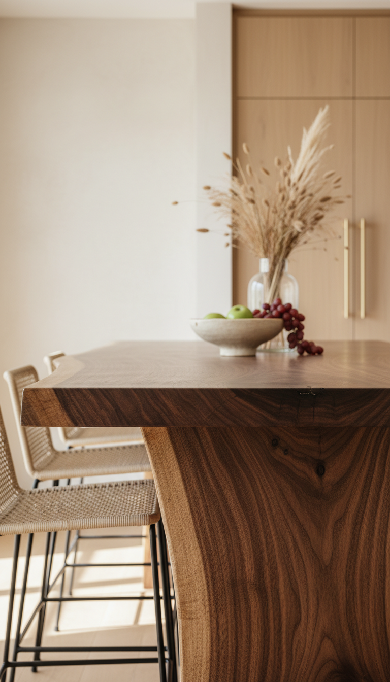 Live edge natural wood kitchen island, rich grain, modern stools. Rustic kitchen comfort with fruit bowl and natural grasses.