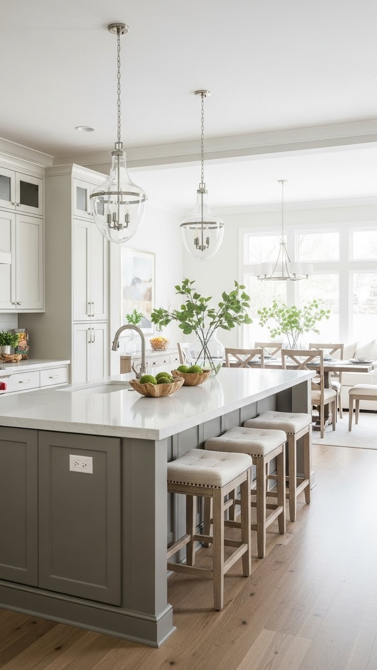 Long kitchen island divides open concept kitchen and living room, featuring storage, seating, and decorative elements. Clean, modern design.