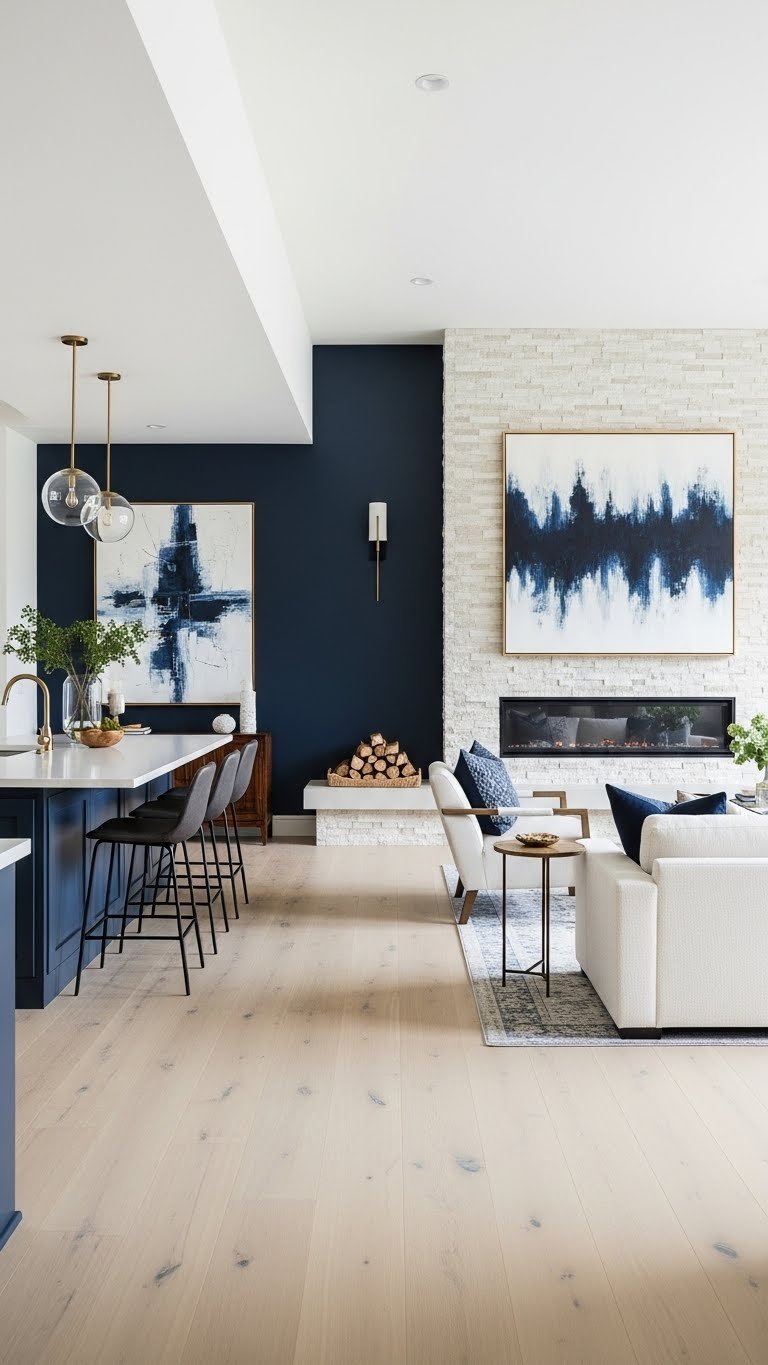 Long open kitchen and living room with dramatic focal wall, linear fireplace, and textured accent stone, creating depth. Navy blue.