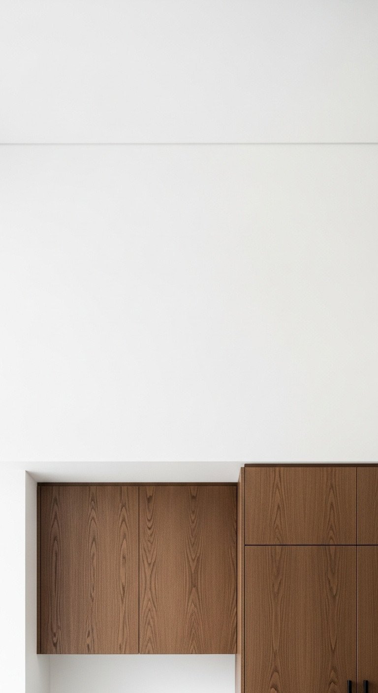 Low-angle shot of a minimalist kitchen with dark oak flat-panel cabinets extending towards the ceiling, showing clean lines.