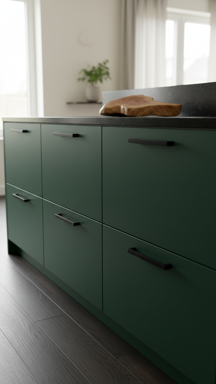 Low-angle shot of a moody modern kitchen with midnight blue bespoke cabinetry, dark wood floor, black countertop, and minimalist pulls.