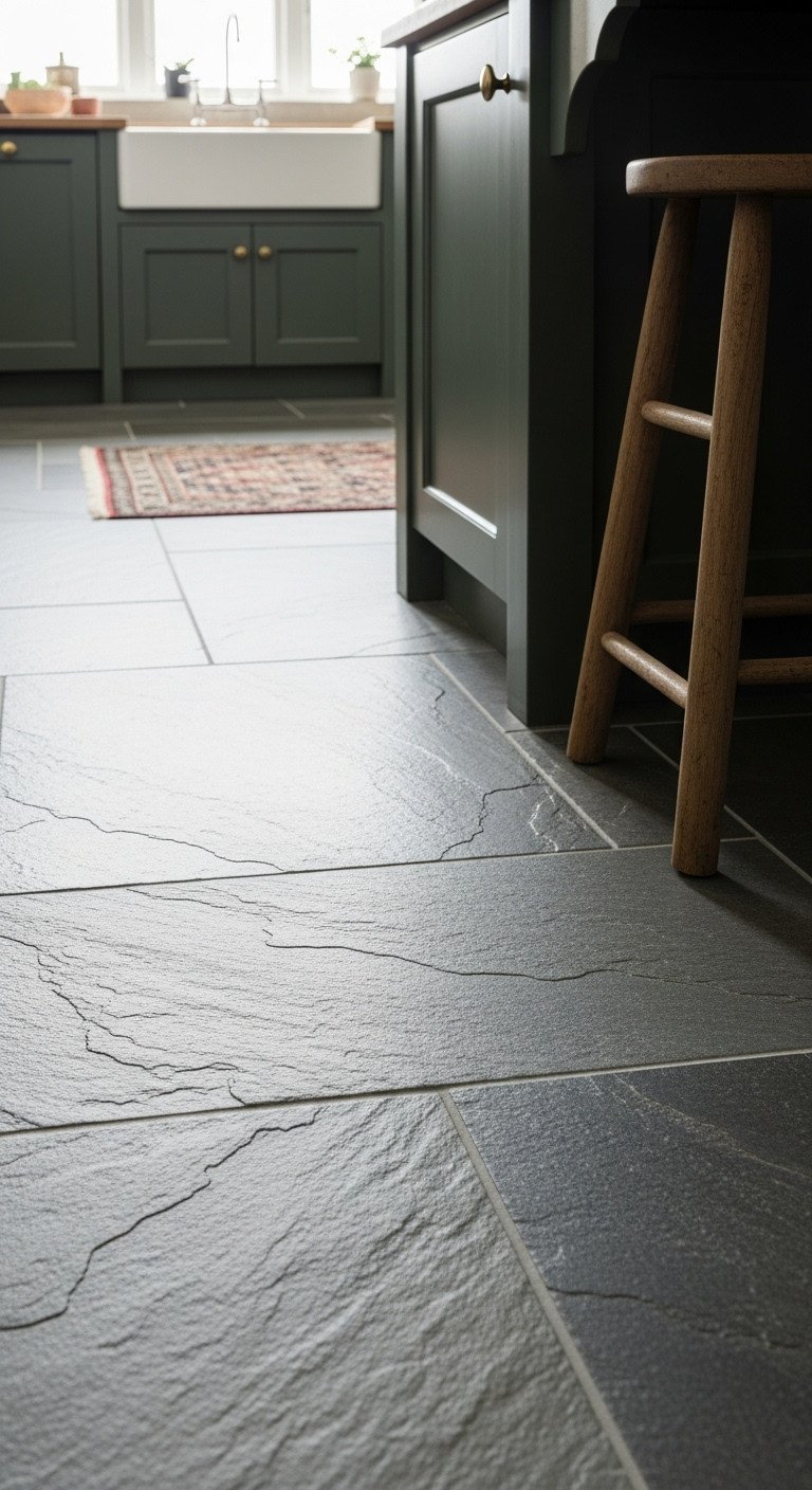 Low-angle view of a rustic kitchen floor with textured, charcoal and gray slate-look porcelain tiles for a natural stone look.