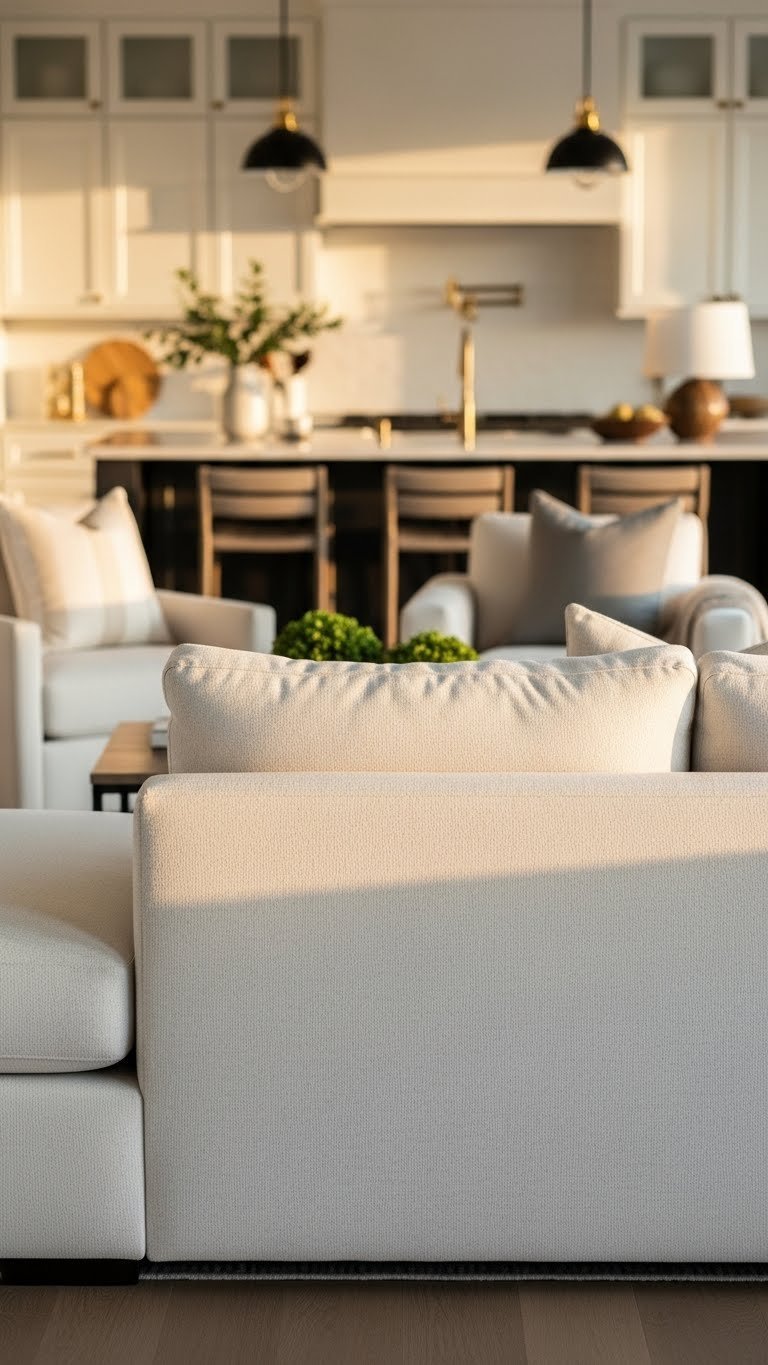 Low-profile sectional sofa divides open concept kitchen and living room. Warm creams, charcoal gray, golden wood, cozy home design.