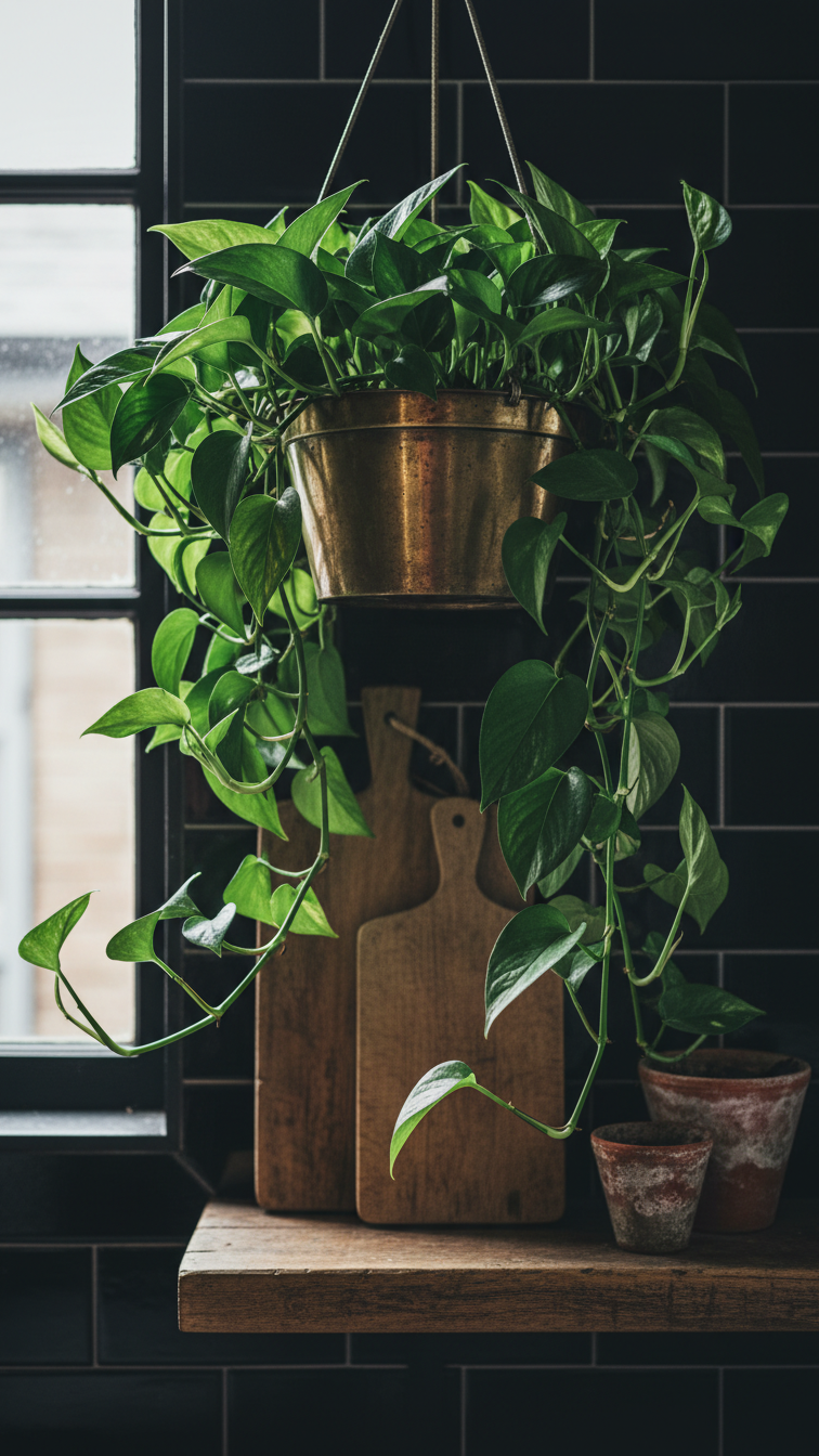 Boho Moody Kitchen: Ultimate Guide &Amp; Stunning Design Ideas 5 Lush dark green Pothos plant in antique brass hanging planter near a dark kitchen window with black backsplash, fresh boho kitchen decor.