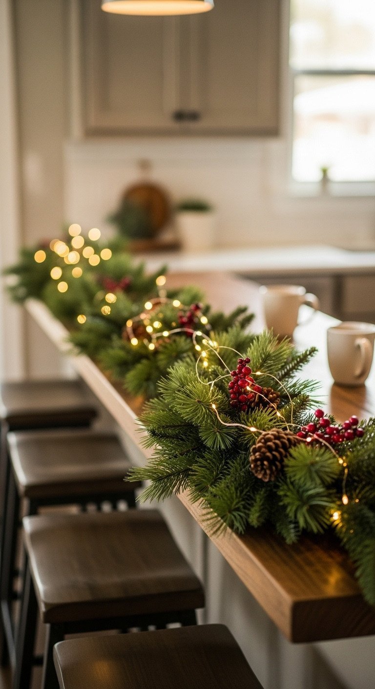 Lush faux pine Christmas garland with warm fairy lights, red berries, and pinecones on a rustic wooden kitchen breakfast bar.