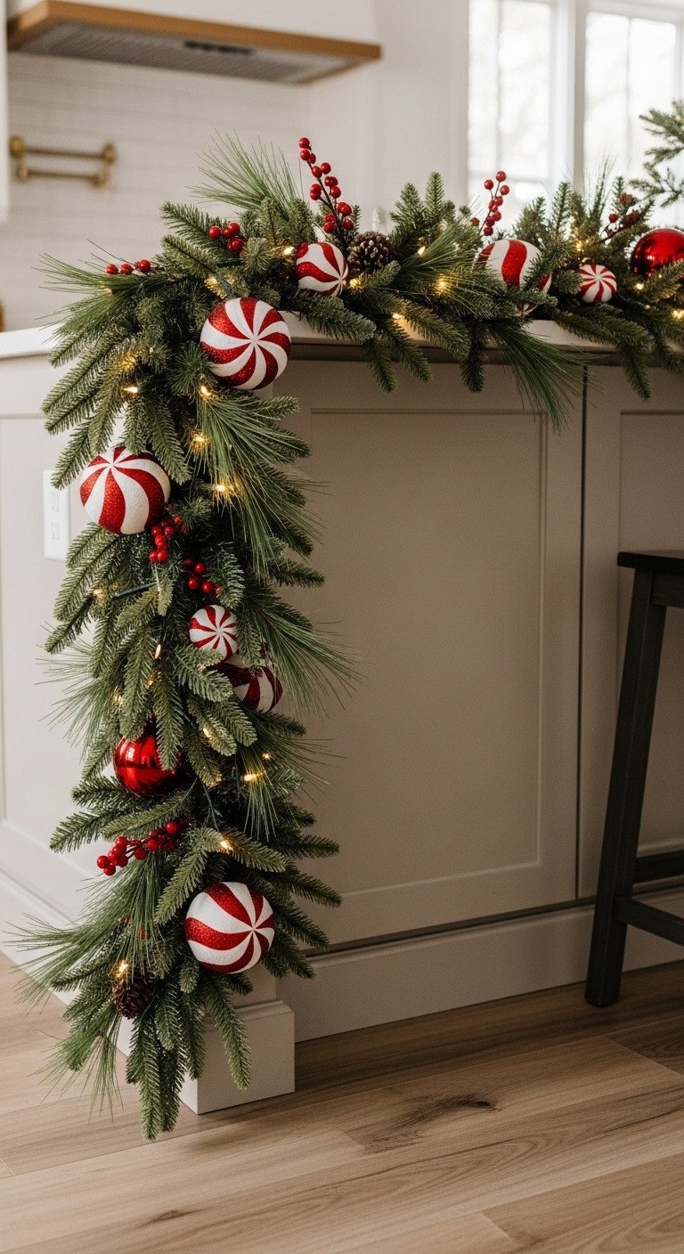 Lush faux pine garland with red, white peppermint ornaments and warm LED fairy lights draped on a neutral kitchen island.