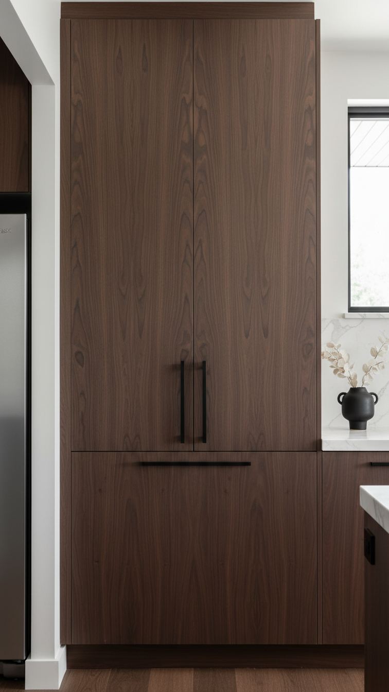 Luxurious Black Walnut kitchen cabinets, modern handleless design, deep brown vertical grain, white marble countertop, sleek black hardware.