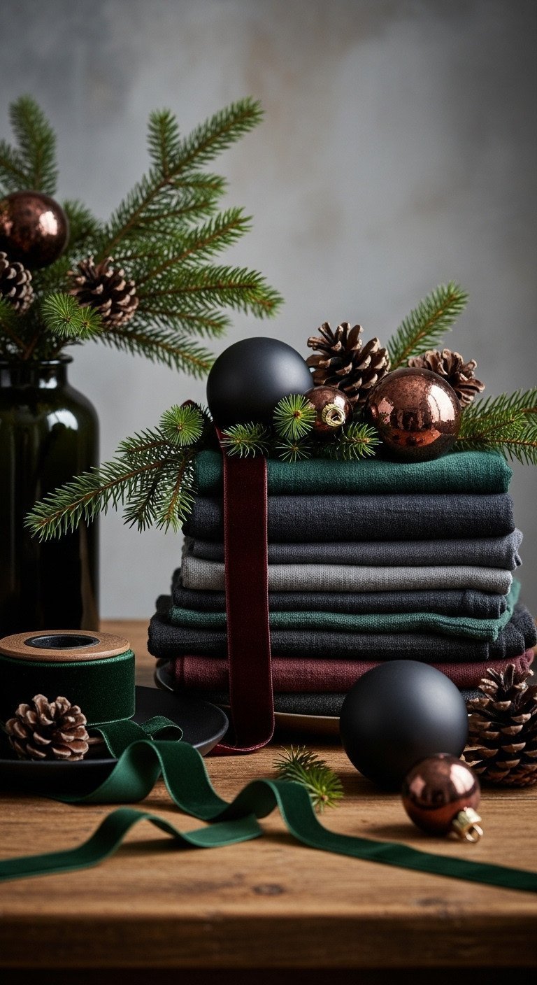 Luxurious Christmas vignette: forest green, charcoal, burgundy textiles, aged copper, velvet ribbon, pinecones on rustic table.