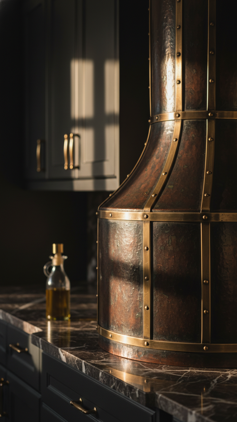 Luxurious antiqued copper range hood, dark patina, brass banding. Elegant industrial kitchen design with dark marble and golden accents.