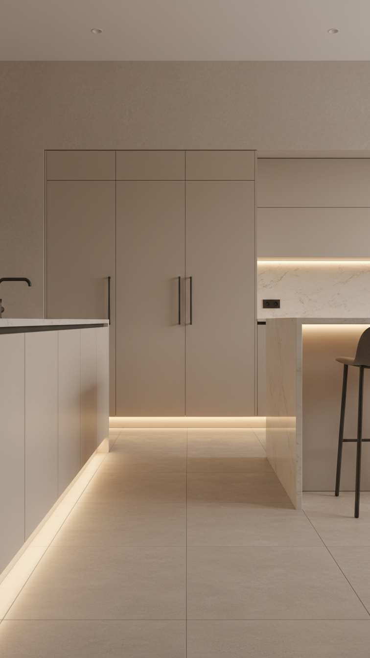 Luxurious beige kitchen with integrated dimmable LED strip lighting under light cabinets, minimalist island, sleek metal details.