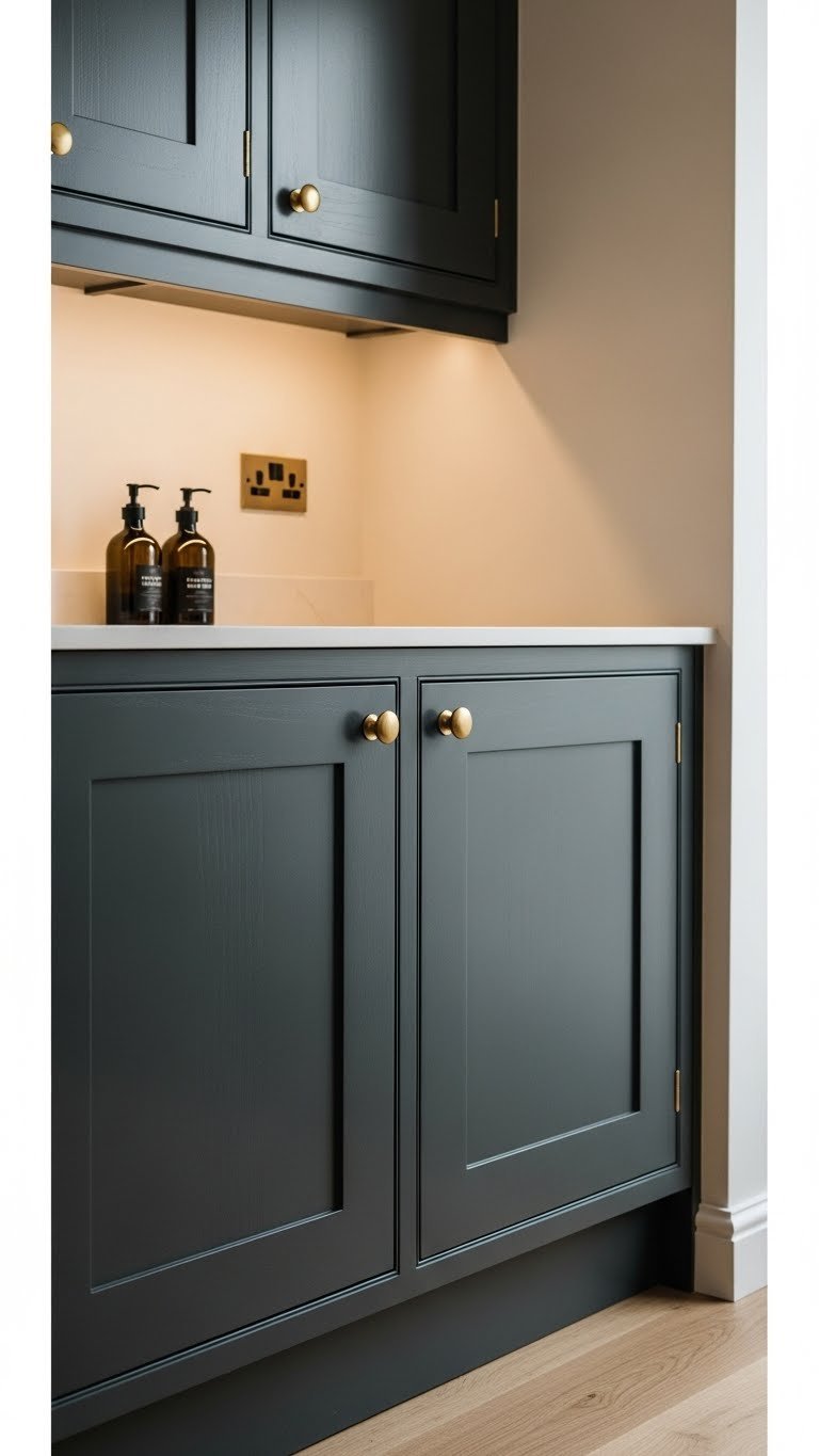 Luxurious charcoal gray shaker kitchen cabinets with sleek brass hardware, featuring a matte finish and subtle shadow lines.