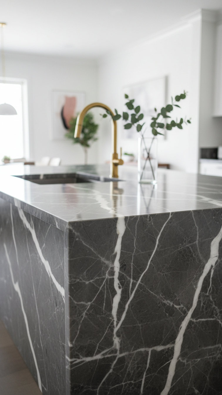 Luxurious dark marble kitchen countertop with bold white veining and polished finish. Waterfall edge, brass faucets, minimalist design.