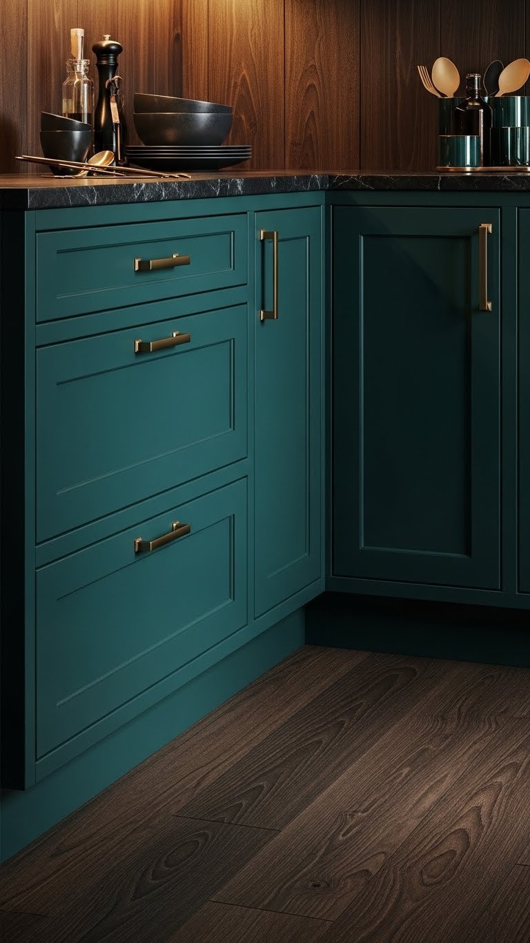 Luxurious dark teal kitchen cabinets with sleek dark brass hardware and dark wood flooring, showcasing vibrant jewel tone.