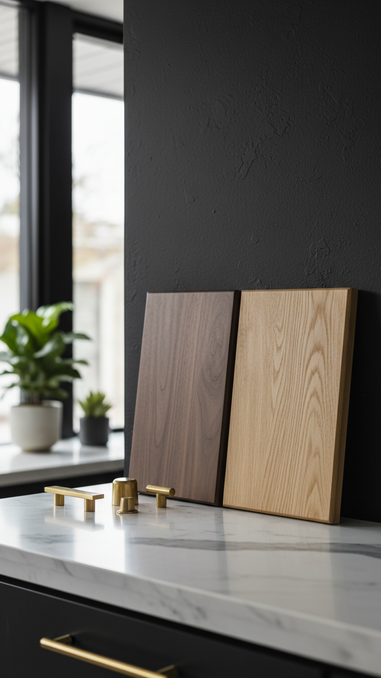 Luxurious dark walnut & white oak wood cabinet samples on marble, brass hardware, matte black wall. Cozy, moody kitchen design.